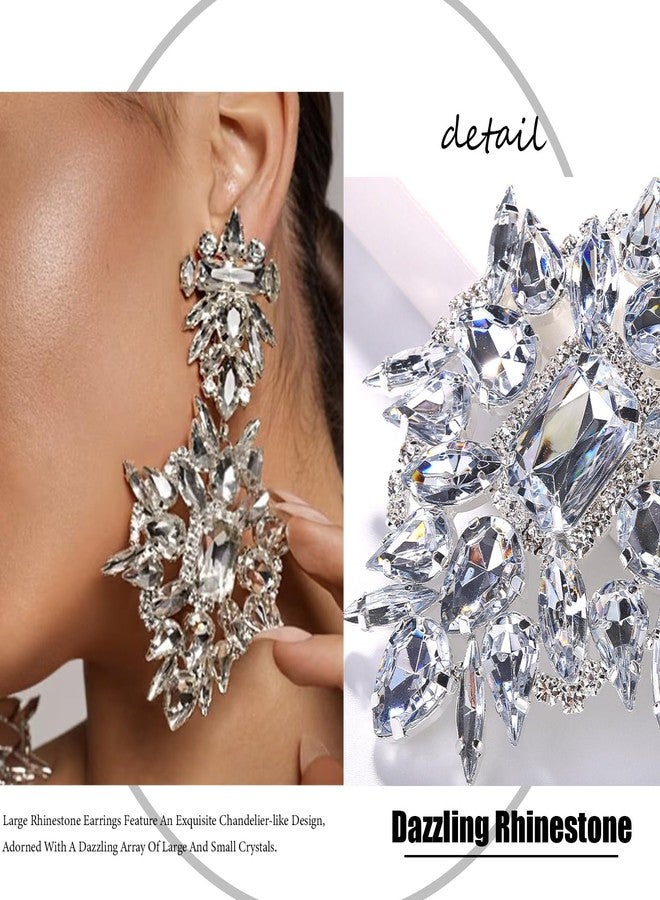XSBODY Costume Silver Large Rhinestone Earrings Dangling Trendy Bling Oversized Statement Earrings For Women Formal (Silver) - Image 4